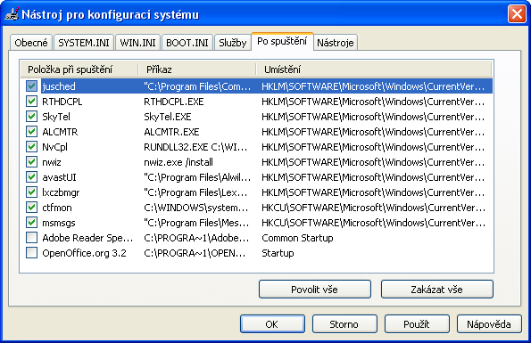 pomaly pocitac msconfig